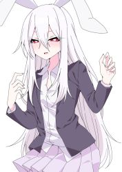 Rule 34 | 1girl, albino, alternate hair color, animal ears, blazer, bright pupils, clenched hands, collared shirt, hair between eyes, highres, jacket, long hair, long sleeves, looking at viewer, open mouth, pleated skirt, purple skirt, rabbit ears, red eyes, reisen udongein inaba, shirt, simple background, skirt, smile, solo, touhou, tsukimirin, upper body, v-shaped eyebrows, white background, white hair, white shirt