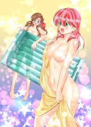 Rule 34 | 2girls, barefoot, breasts, brown hair, commentary request, completely nude, convenient censoring, frown, glasses, green eyes, highres, holding, holding towel, inflatable raft, light particles, long hair, medium breasts, medium hair, morimi ashita, multiple girls, navel, nude, open mouth, original, pink hair, purple eyes, round eyewear, silhouette, soap bubbles, soap censor, standing, star (symbol), towel