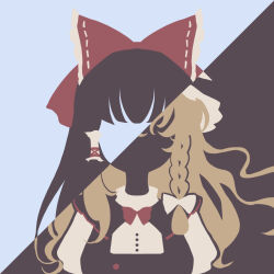 Rule 34 | 2girls, black background, blending, blonde hair, blue background, bow, braid, faceless, flat color, frilled bow, frills, hair bow, hair tubes, hakurei reimu, highres, kirisame marisa, limited palette, maskin mei, minimalism, multiple girls, no eyes, no lineart, portrait, red bow, side braid, silhouette, simple background, single braid, split theme, touhou, two-tone background