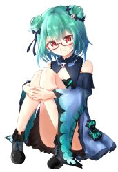 Rule 34 | 1girl, animal print, bare shoulders, black footwear, blunt bangs, blush, butterfly print, cleavage cutout, closed mouth, clothing cutout, detached sleeves, double bun, earrings, flat chest, glasses, green hair, hair bun, hair ornament, hair ribbon, highres, hololive, hugging own legs, jewelry, legs, looking at viewer, medium hair, red-framed eyewear, red eyes, ribbon, shoelaces, shoes, sitting, skull collar, skull earrings, skull hair ornament, skull print, smile, solo, stoyo 606, thighs, uruha rushia, uruha rushia (1st costume), virtual youtuber, white background