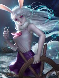 Rule 34 | 1girl, animal ears, carrot (one piece), colored skin, electricity, furry, furry female, highres, long hair, looking at viewer, looking back, night, night sky, ocean, one piece, pale skin, pink eyes, pink ribbon, purple skirt, rabbit ears, rabbit girl, rabbit tail, ribbon, rudder, silver hair, skirt, sky, sleeveless, solo, spoilers, sulong form, tail, thousand sunny, very long hair, water, white skin, yunxuan fu
