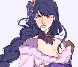 Rule 34 | 1girl, braid, breasts, cleavage, clenched teeth, commentary, english commentary, flower, genshin impact, grey background, hair flower, hair ornament, highres, japanese clothes, kimono, large breasts, long hair, looking at viewer, mole, mole under eye, myrthena, open mouth, purple eyes, purple flower, purple hair, raiden shogun, ribbon, simple background, solo, tassel, teeth
