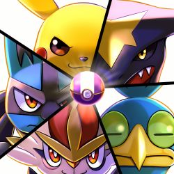 Rule 34 | :3, absurdres, bird, brown eyes, cinderace, closed eyes, closed mouth, commentary request, cramorant, creatures (company), facing viewer, furry, game freak, garchomp, gen 1 pokemon, gen 4 pokemon, gen 8 pokemon, highres, looking at viewer, lucario, nintendo, orange eyes, pikachu, poke ball, pokemon, pokemon (creature), pokemon unite, serious, sharp teeth, smile, split screen, teeth, upper teeth only, watagashikn, yellow eyes