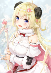 Rule 34 | 1girl, blonde hair, blush, breasts, commentary request, detached sleeves, fuumi (radial engine), hair ornament, hairclip, harp, hololive, horns, instrument, large breasts, long hair, looking at viewer, open mouth, purple eyes, sheep horns, solo, tsunomaki watame, tsunomaki watame (1st costume), virtual youtuber