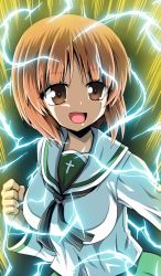 Rule 34 | 1girl, absurdres, aura, black neckerchief, blouse, brown eyes, brown hair, clenched hand, commentary, dragon ball, dragonball z, electricity, girls und panzer, green skirt, highres, kamishima kanon, long sleeves, looking to the side, neckerchief, nishizumi miho, ooarai school uniform, open mouth, pleated skirt, sailor collar, school uniform, serafuku, shirt, short hair, skirt, smile, solo, standing, super saiyan, super saiyan 2, upper body, white sailor collar, white shirt