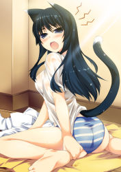 Rule 34 | 1girl, amanooni touri, animal ears, ass, bad id, bad pixiv id, barefoot, black hair, blue eyes, cat ears, cat tail, feet, highres, original, panties, solo, striped clothes, striped panties, tail, underwear, wet, wet clothes