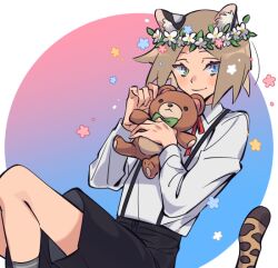 Rule 34 | 1boy, animal ears, black overalls, black shorts, blue eyes, bow, bowtie, cat ears, cat tail, cropped legs, flower, flower wreath, green bow, green bowtie, green eyes, grey socks, heterochromia, holding, holding stuffed toy, isaac (adey), light smile, looking at viewer, male focus, medium hair, original, overalls, parted bangs, red ribbon, ribbon, shirt, shorts, simple background, socks, solo, stuffed animal, stuffed toy, tail, teddy bear, ten (lu2948d), white shirt