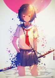 Rule 34 | 1girl, absurdres, black hair, commentary, enj!, hand on own hip, highres, katana, looking at viewer, neckerchief, original, partially submerged, pleated skirt, red eyes, school uniform, serafuku, sheath, sheathed, short hair, short sleeves, skirt, solo, standing, sword, wading, water, weapon
