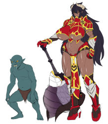 Rule 34 | 1boy, 1girl, abs, armor, axe, bald, bikini armor, black hair, black sclera, breasts, colored sclera, colored skin, concept art, dark skin, demon girl, drooling, exabyte (parallax05), facing viewer, full body, goblin, goblin male, green skin, height difference, highres, horns, midriff, pointy ears, scar, sharp teeth, simple background, size difference, standing, teeth, thick thighs, thighs, underboob, white background