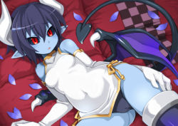 Rule 34 | 1girl, :o, bare shoulders, bed sheet, black hair, black panties, black sclera, blue skin, breasts, cameltoe, china dress, chinese clothes, cleft of venus, colored sclera, colored skin, covered erect nipples, covered navel, cowboy shot, demon girl, demon tail, demon wings, dress, dutch angle, elbow gloves, from above, gloves, halterneck, hand on own thigh, horns, impossible clothes, indoors, looking at viewer, lying, nada haruka, on back, on bed, panties, pantyshot, petals, pointy ears, raised eyebrows, red eyes, seizaverus, shinrabanshou, short dress, short hair, side slit, skin tight, slit pupils, small breasts, solo, tail, thighhighs, triangle mouth, turtleneck, underwear, white dress, white gloves, wings
