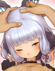 Rule 34 | 10s, 1girl, blunt bangs, cum, cum in mouth, deepthroat, derivative work, dress, fellatio, gloves, hair ribbon, hands on another&#039;s head, headgear, irrumatio, kantai collection, long hair, looking at viewer, looking up, miyako (overlook), murakumo (kancolle), one eye closed, oral, orange eyes, penis, pov, pubic hair, ribbon, sailor dress, short eyebrows, silver hair, solo focus, tress ribbon, uncensored