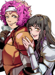Rule 34 | armor, astrid (fire emblem), banknote, black hair, blue eyes, couple, fire emblem, fire emblem: path of radiance, hetero, holding, holding money, hug, hug from behind, looking at viewer, makalov (fire emblem), money, nintendo, open mouth, pink hair, smile, tsuko (25mnts), yellow eyes