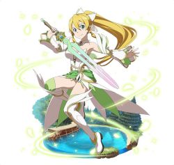Rule 34 | 1girl, blonde hair, boots, braid, breasts, choker, cleavage, detached sleeves, floating hair, full body, green eyes, green thighhighs, hair between eyes, hair ribbon, high ponytail, holding, holding sword, holding weapon, leafa, long hair, looking at viewer, medium breasts, pointy ears, ribbon, simple background, smile, solo, sword, sword art online, thigh boots, thighhighs, twin braids, very long hair, weapon, white background, white footwear, white ribbon