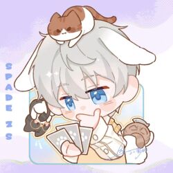 Rule 34 | 1boy, animal, animal ears, animal on head, artist name, blue eyes, blush, card, cat, cat on head, chibi, collared shirt, grey hair, hair between eyes, holding, holding card, kemonomimi mode, long sleeves, lop rabbit ears, love and deepspace, male focus, on head, outline, purple background, rabbit, rabbit boy, rabbit ears, rabbit tail, shirt, short hair, signature, simple background, solo, sweater vest, tail, thinking, tuxedo cat, two-tone background, upper body, white background, white outline, white shirt, wing collar, xavier (love and deepspace), yellow outline, yellow sweater vest, zs hetao