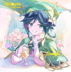 Rule 34 | 1boy, beret, black hair, blue eyes, blue hair, braid, cape, collared cape, commentary, drink, flower, frilled sleeves, frills, genshin impact, gradient hair, green cape, green hat, hat, hat flower, highres, iki (iki020), long sleeves, male focus, multicolored hair, sample watermark, short hair with long locks, smile, solo, symbol-only commentary, twin braids, venti (genshin impact), watermark, white flower