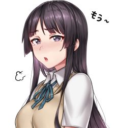 Rule 34 | 1girl, :o, puff of air, akiyama mio, black eyes, black hair, blue ribbon, blush, breasts, collared shirt, from side, highres, k-on!, long hair, looking at viewer, medium breasts, neck ribbon, open mouth, ribbon, school uniform, shirt, sidelocks, sigh, simple background, solo, sweater, sweater vest, tears, teeth, upper body, upper teeth only, upset, v-neck, vest, white background, wing collar, yakimi 27