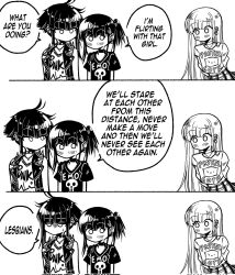Rule 34 | 3girls, 3koma, arms behind back, blush, comic, corrupted twitter file, ear piercing, emo-girl (grs-), english text, greyscale, grs-, highres, medium hair, monochrome, multiple girls, no mouth, original, pastel-goth-girl (grs-), piercing, ponytail, punk-girl (grs-), short hair, short ponytail, spiked jacket, yuri