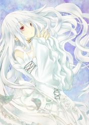Rule 34 | 00s, 1girl, colored eyelashes, detached sleeves, dress, lampnote17, long hair, own hands together, pandora hearts, red eyes, sleeves past wrists, solo, very long hair, white hair, white theme, will of the abyss