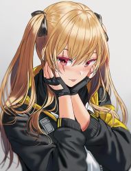 Rule 34 | 1girl, :p, black bow, black gloves, black jacket, blush, bow, closed mouth, colored eyelashes, eyebrows hidden by hair, fingerless gloves, girls&#039; frontline, gloves, grey background, hair between eyes, hair bow, hand on own face, hands up, jacket, light brown hair, long hair, long sleeves, looking at viewer, open clothes, open jacket, red eyes, shirt, silence girl, simple background, smile, solo, tongue, tongue out, twintails, ump9 (girls&#039; frontline), white shirt