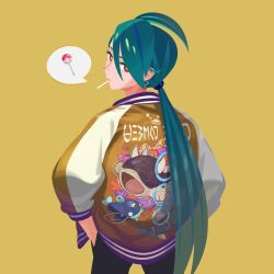 Rule 34 | 1girl, black pants, blue hair, brown background, camerupt, candy, clodsire, creatures (company), donphan, dugtrio, ear piercing, food, game freak, gen 1 pokemon, gen 2 pokemon, gen 3 pokemon, green hair, hair between eyes, hands in pockets, jacket, k shimogamo, lollipop, long hair, mouth hold, multicolored hair, nintendo, pants, piercing, pokemon, pokemon sv, ponytail, red eyes, rika (pokemon), simple background, solo, streaked hair, sukajan, whiscash, yellow background
