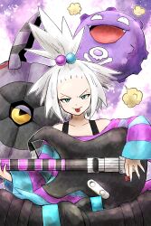 Rule 34 | 1girl, aqua eyes, black footwear, colored sclera, creatures (company), fangs, game freak, gen 1 pokemon, gen 5 pokemon, highres, holding, holding instrument, holding plectrum, instrument, kicdon, koffing, looking at viewer, nail polish, nintendo, plectrum, pokemon, pokemon (creature), pokemon bw2, roxie (pokemon), sitting, tongue, tongue out, topknot, v-shaped eyebrows, whirlipede, white hair, yellow sclera