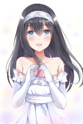 Rule 34 | 10s, 1girl, bad id, bad pixiv id, bare shoulders, black hair, blue eyes, blush, breasts, dress, gloves, hairband, heart, heart hands, idolmaster, idolmaster cinderella girls, long hair, looking at viewer, medium breasts, off shoulder, open mouth, sagisawa fumika, smile, solo, tailam, upper body, white background, white dress, white gloves