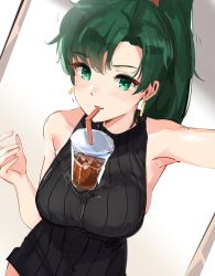 Rule 34 | 1girl, arm up, bare arms, bare shoulders, black sweater, blush, breasts, cup, disposable cup, dress, drinking, drinking straw, earrings, fingernails, fire emblem, fire emblem: the blazing blade, green eyes, green hair, hand up, highres, jewelry, long hair, looking at viewer, lyn (fire emblem), medium breasts, nintendo, object on breast, ormille, ponytail, ribbed sweater, sleeveless, smile, solo, sweater, sweater dress