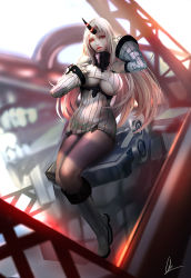 Rule 34 | 10s, 1girl, abyssal ship, boots, breasts, cglas, claws, cleavage, dappled sunlight, detached sleeves, dress, female focus, full body, hand in own hair, hand on own chest, horns, kantai collection, knee boots, large breasts, lips, long hair, looking at viewer, nose, pale skin, pantyhose, parted lips, red eyes, ribbed dress, seaport princess, short dress, signature, single horn, sitting, solo, sunlight, underboob, white footwear, white hair