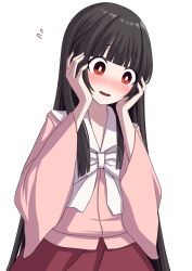 Rule 34 | 1girl, black hair, blouse, blunt bangs, blush, bow, bright pupils, flying sweatdrops, hands on own face, head tilt, highres, hime cut, houraisan kaguya, long hair, long sleeves, looking down, open mouth, pink shirt, red eyes, red skirt, shirt, sidelocks, simple background, skirt, solo, standing, touhou, tsukimirin, upper body, very long hair, white background, white bow, white neckwear, white pupils