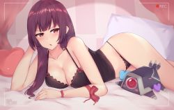Rule 34 | 1girl, bare shoulders, black camisole, black panties, blush, breasts, camisole, cleavage, collarbone, curtains, girls&#039; frontline, head rest, highres, hip focus, kuavera, large breasts, long hair, looking at viewer, on bed, open mouth, panties, pillow, purple hair, recording, red eyes, solo, thighs, underwear, viewfinder, wa2000 (girls&#039; frontline)