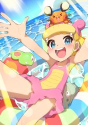 Rule 34 | 1girl, :d, absurdres, arms up, bare arms, blonde hair, blue eyes, blush, bonnie (pokemon), cloud, commentary request, cosplay, creatures (company), day, dedenne, eyelashes, game freak, gen 1 pokemon, gen 6 pokemon, highres, innertube, knees, legendary pokemon, light rays, looking at viewer, nintendo, on head, one-piece swimsuit, open mouth, outdoors, pink one-piece swimsuit, pokemon, pokemon (anime), pokemon (creature), pokemon on head, pokemon xy (anime), short hair, sky, slowbro, slowbro (cosplay), smile, spread fingers, swim ring, swimsuit, taisa (lovemokunae), teeth, tongue, water, zygarde, zygarde core