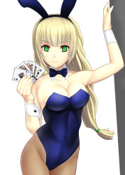Rule 34 | 1girl, ace (playing card), ace of spades, animal ears, black bow, black bowtie, blonde hair, blue bow, blue bowtie, blue leotard, bow, bowtie, breasts, brown pantyhose, card, cleavage, cowboy shot, detached collar, el (el406), fake animal ears, fire emblem, fire emblem: three houses, green eyes, holding, holding card, ingrid brandl galatea, jack (playing card), jack of hearts, jack of spades, king (playing card), king of spades, leotard, long hair, looking at viewer, medium breasts, nintendo, pantyhose, playboy bunny, playing card, queen (playing card), queen of spades, rabbit ears, royal flush, solo, spade (shape), standing, strapless, strapless leotard, white background, wrist cuffs