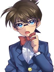 Rule 34 | 1boy, bad id, bad pixiv id, blue eyes, bow, bowtie, brown hair, edogawa conan, glasses, highres, looking at viewer, maian, maianh, male focus, meitantei conan, open mouth, short hair, simple background, solo, upper body