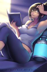 Rule 34 | 1girl, armpits, bare shoulders, black-framed eyewear, book, breasts, brown eyes, brown hair, canister, cleavage, closed mouth, collarbone, drone, fingernails, hair bun, hand on own head, hand up, holding, holding book, indoors, kairui-chan, knees up, leggings, looking at viewer, medium breasts, mei (overwatch), nose, on bed, overwatch, overwatch 1, pants, patreon username, pillow, robot, short hair, sidelocks, signature, single hair bun, sitting, sleeveless, smile, snowball (overwatch), solo, swept bangs, tank top, yoga pants