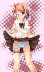 Rule 34 | 1girl, ahoge, blue panties, blush, bow, bowtie, brown hair, clothes lift, discreet vibrator, green eyes, hair ornament, hairclip, highres, nekomushi, one eye closed, original, outline, panties, plaid, plaid bow, plaid bowtie, polka dot, pussy juice, pussy juice stain, remote control vibrator, school uniform, sex toy, skirt, skirt lift, solo, thigh strap, trembling, underwear, upskirt, vibrator, vibrator under clothes, vibrator under panties, wet, wet clothes, wet panties, white outline, wince, wink