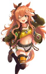 Rule 34 | 1girl, absurdres, animal ears, blush, bomber jacket, collarbone, commentary request, dog tags, highres, horse ears, horse girl, horse tail, jacket, knbd, leg up, looking at viewer, mayano top gun (umamusume), midriff, navel, one eye closed, orange eyes, orange hair, salute, shorts, simple background, tail, thighhighs, umamusume, white background