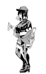 Rule 34 | 1girl, baseball cap, boots, breasts, blowing bubbles, cellphone, chewing gum, clothes around waist, crop top, crop top overhang, earrings, greyscale, hat, jacket, jacket around waist, jewelry, kozy, large breasts, midriff, monochrome, original, phone, school uniform, serafuku, short hair, skirt, smartphone, solo, thighhighs