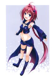 Rule 34 | 10s, 1girl, :d, absurdres, ahoge, blue eyes, braid, detached sleeves, fingerless gloves, gloves, highres, kurosaki mea, long hair, looking at viewer, midriff, navel, open mouth, outstretched hand, red hair, short shorts, shorts, smile, solo, thigh strap, to love-ru, to love-ru darkness, very long hair, waist cape, yabuki kentarou