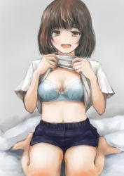 Rule 34 | 1girl, barefoot, bed, bedroom, black shorts, blue bra, blush, bow, bow bra, bra, breasts, brown eyes, brown hair, cleavage, clothes lift, highres, kneeling, looking at viewer, medium breasts, navel, onihito, open mouth, original, shirt, shirt lift, short hair, short sleeves, shorts, smile, underwear, wall, white shirt