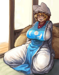 Rule 34 | 1girl, animal hat, blonde hair, breasts, chanta (ayatakaoisii), fox tail, full body, grin, hat, highres, large breasts, looking at viewer, mob cap, multiple tails, open mouth, mob cap, short hair, sitting, smile, solo, tabard, tail, thick thighs, thighs, touhou, wide sleeves, yakumo ran, yellow eyes