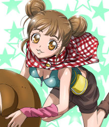 Rule 34 | 1girl, arm warmers, boots, breasts, brown eyes, brown hair, cleavage, double bun, from above, hair bun, haruno tomoe, haruyama kazunori, knee boots, kneeling, light smile, looking at viewer, looking up, medium breasts, pouch, shawl, shorts, sleeveless, solo, star (symbol), star plus one, starry background, zipper