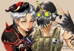 Rule 34 | 2boys, \m/, animification, apex legends, black gloves, black headwear, brown background, copyright name, dual persona, earrings, el tigre octane, fingerless gloves, gloves, green vest, grey eyes, grey hair, highres, jewelry, looking at viewer, male focus, mask, mask on head, mouth mask, multiple boys, octane (apex legends), official alternate costume, parted bangs, shoulder spikes, spikes, tongue, tongue out, vene (vene chan07), vest