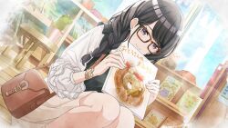 Rule 34 | 1girl, bag, bespectacled, black hair, black sweater vest, blush, book, bookshelf, braid, brown bag, dutch angle, earrings, feet out of frame, frilled sleeves, frills, game cg, glasses, gold bracelet, hair tie, holding, holding book, idolmaster, idolmaster shiny colors, jewelry, kazano hiori, lens flare, long hair, long sleeves, looking down, mole, mole under mouth, multiple bracelets, official art, puffy long sleeves, puffy sleeves, purple eyes, shirt, shoulder bag, skirt, smile, solo, squatting, sweater vest, twin braids, vignetting, watercolor effect, white shirt, window, wooden floor, yellow skirt