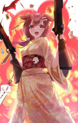 Rule 34 | 1girl, :d, ahoge, bone hair ornament, brown hair, cartoon bone, commentary request, dog hair ornament, dual wielding, explosion, eyebrows hidden by hair, gun, hair between eyes, hair ornament, highres, holding, holding gun, holding weapon, hololive, hoso-inu, inugami korone, japanese clothes, kimono, listener (inugami korone), long hair, long sleeves, looking at viewer, obi, open mouth, print kimono, purple (jobseeking), red eyes, sash, simple background, smile, solo focus, virtual youtuber, weapon, weapon request, white background, wide sleeves, yellow kimono