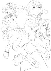 Rule 34 | 1girl, breasts, half-closed eyes, hand on own chest, hand on own forehead, lineart, loafers, long sleeves, medium breasts, monochrome, multiple views, original, pleated skirt, ryuuta (msxtr), school uniform, shoes, short hair, skirt, socks, sweat, sweater vest