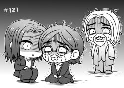 Rule 34 | 3boys, age difference, beard, black hair, blonde hair, brothers, chibi, coat, crying, crying with eyes open, eren yeager, facial hair, family, father and son, formal, glasses, greyscale, grisha yeager, hood, hoodie, jacket, jaku 711, long hair, male focus, medium hair, monochrome, multiple boys, aged up, open mouth, sad, seiza, shaded face, shingeki no kyojin, shirt, siblings, sitting, squatting, standing, suit, surprised, tears, whispering, zeke yeager