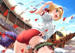 Rule 34 | &gt;:d, 1girl, 3boys, :d, aestus estus, ahoge, ass, black sclera, blonde hair, blue sky, blurry, breasts, buruma, caligula (fate), carrying, clenched hand, colored sclera, colosseum, commentary request, crown, day, depth of field, fate/grand order, fate (series), from behind, green eyes, gym uniform, hair between eyes, hair intakes, hairband, holding, gaius julius caesar (fate), leaning forward, legs apart, looking back, medium breasts, multiple boys, name tag, nero claudius (fate), nero claudius (fate) (all), nero claudius (fate/extra), nero claudius (olympian bloomers) (fate), official alternate costume, open mouth, outdoors, piggyback, purple hair, red eyes, red hairband, romulus (fate), round teeth, shirt, short sleeves, sky, smile, solo focus, stadium, straddling, sweat, teeth, thighs, tsuuhan, v-shaped eyebrows, white shirt