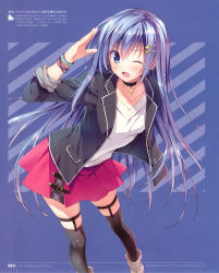 Rule 34 | 1girl, absurdres, ange vierge, black thighhighs, blue background, blue eyes, blue hair, bracelet, collar, collarbone, copyright name, hair ornament, hairclip, highres, huge filesize, jacket, jewelry, long hair, looking at viewer, official art, one eye closed, open clothes, open jacket, open mouth, ryouka (suzuya), salute, scan, simple background, skirt, sleeves rolled up, smile, solo, sougetsu saya, thighhighs, zettai ryouiki