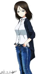 Rule 34 | 10s, 1girl, artist name, black coat, black hair, blue eyes, bukkuri, casual, closed mouth, coat, collared shirt, dated, denim, girls und panzer, hands in pockets, jeans, light smile, long hair, long sleeves, looking at viewer, nonna (girls und panzer), pants, shirt, signature, sleeves rolled up, solo, standing, swept bangs, white shirt