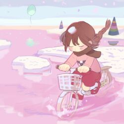 Rule 34 | 1girl, balloon, bicycle, bicycle basket, braid, brown hair, brown scarf, chibi, closed eyes, closed mouth, commentary, expressionless, full body, highres, iovebly, long hair, long sleeves, madotsuki, outdoors, pink sweater, red footwear, red skirt, riding, riding bicycle, scarf, shoes, skirt, sky, socks, solo, sweater, twin braids, water, white socks, yume nikki